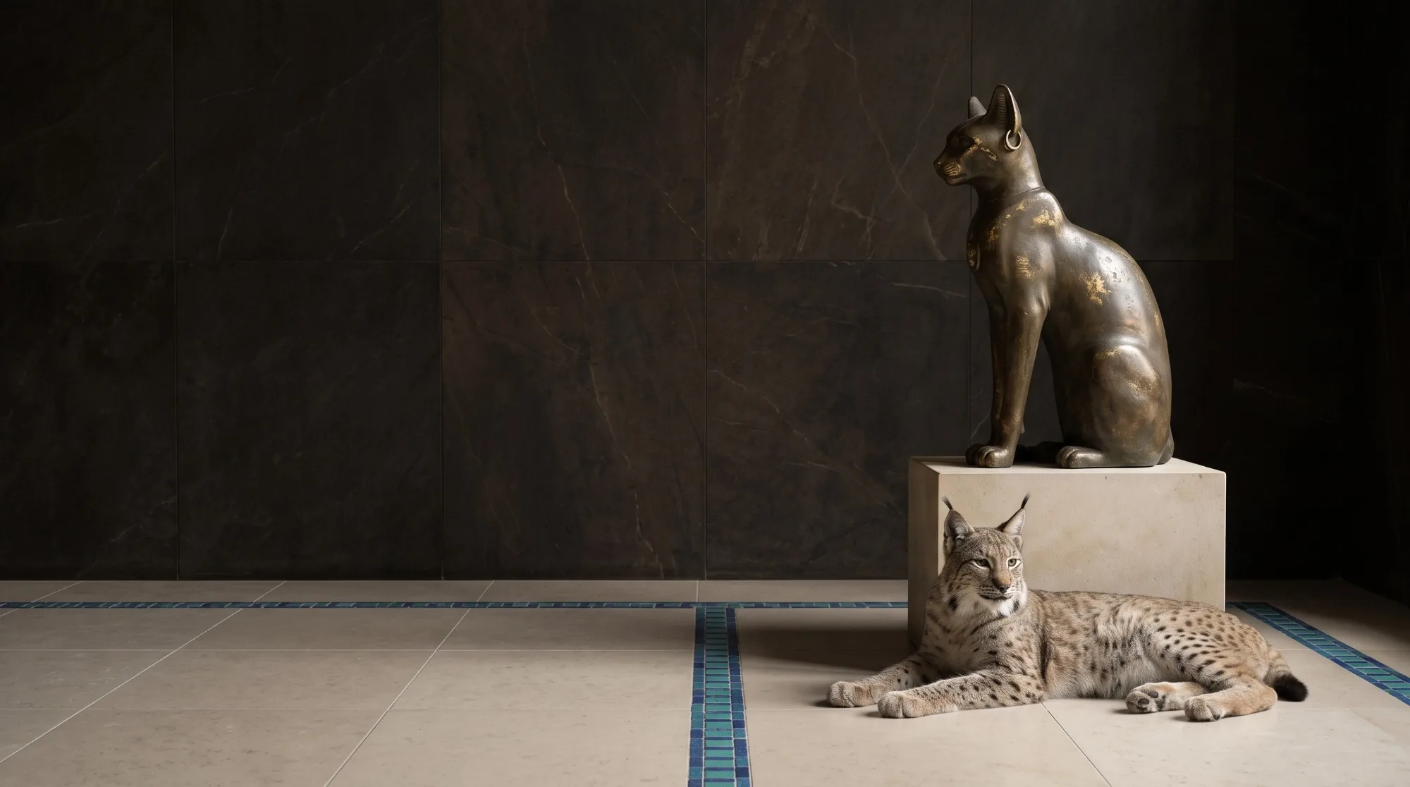 Markenbild von SKWildCat: bronzene Katzenstatue im altägyptischen Stil auf einem Kalksteinsockel, davor liegt ein Luchs auf großen Kalksteinfliesen mit Bordüre aus türkis-blauer Fayence